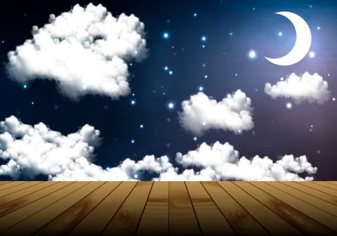 A wooden table on a background of the cloudy night sky Stock Illustration