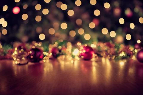 Wooden table, blurred bokeh background background. Christmas lights at backgr Stock Illustration