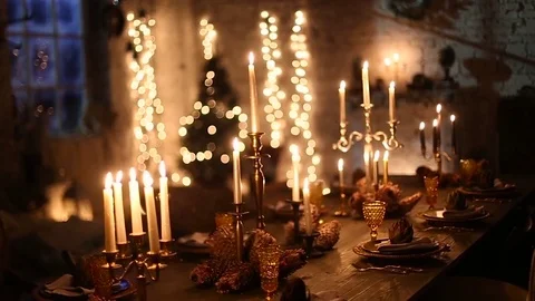 Wooden table with burning candles Stock Footage 71892806