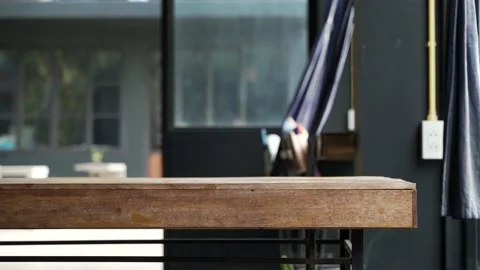 Wooden table at the café Stock-Footage 147337128