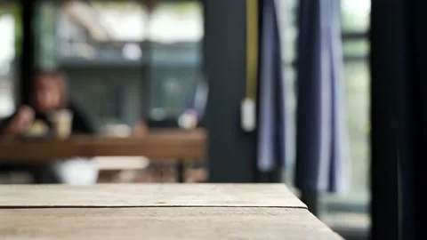 Wooden table at the café Stock Footage 163286918