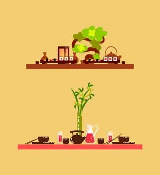 Wooden Table, Chinese Tableware and Food Vector Illustrazione stock