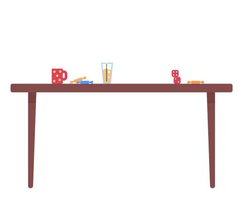 Wooden table with colored sweets, red cup with coffee, glass of juice with straw 스톡 일러스트