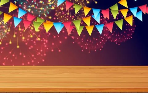 Wooden table with colorful firework background Stock Illustration