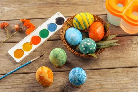 Wooden table with decoration for Easter Stock Photos