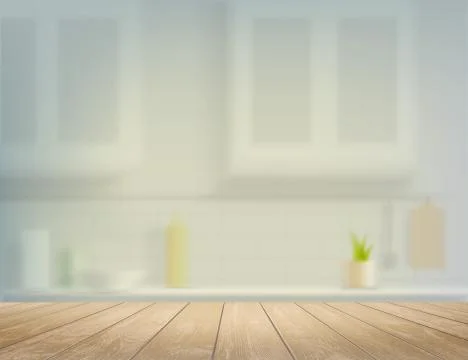 Wooden table on a defocused kitchen bench interior background. 스톡 일러스트