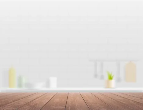 Wooden table on a defocused kitchen interior background. Stock Illustration