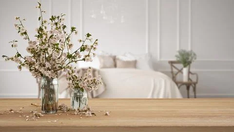 Wooden table, desk or shelf close up with branches of cherry blossoms in glas Stock Illustration