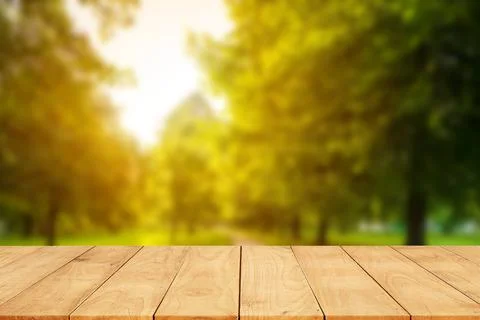Wooden table is empty and trees and blurred in background agriculture farm -  Stock Photos