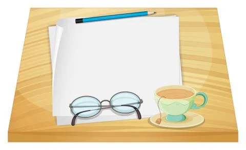 A wooden table with an empty paper and a cup of tea Stock Illustration