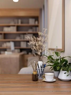 A wooden table features decorative objects in a modern, luxurious living room イラスト素材