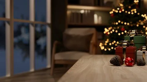 A wooden table with gift boxes and a glowing Christmas tree in a cozy livin.. Stock Illustration