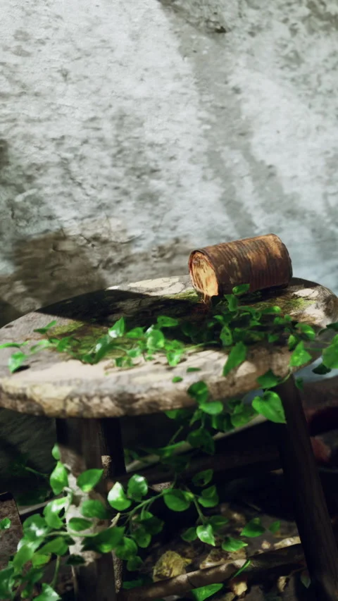 Wooden table with greenery against textured wall in quiet setting Stock Footage 341963965