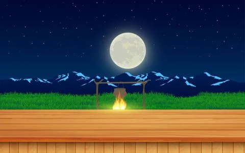 Wooden table on the meadow Stock Illustration
