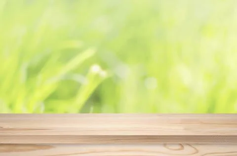 Wooden table or tabletop, empty shelf in front of defocused nature landscape. Stock Photos