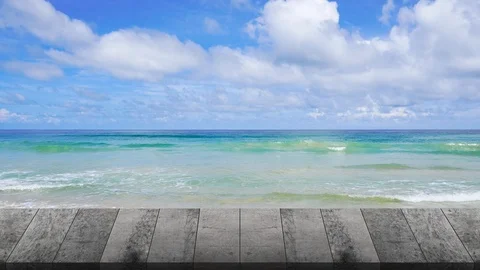 Wooden table pattern on outdoor beach sea background. Stock Footage 114070942