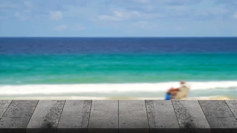 Wooden table pattern on outdoor beach sea background. Stock Footage 114077028
