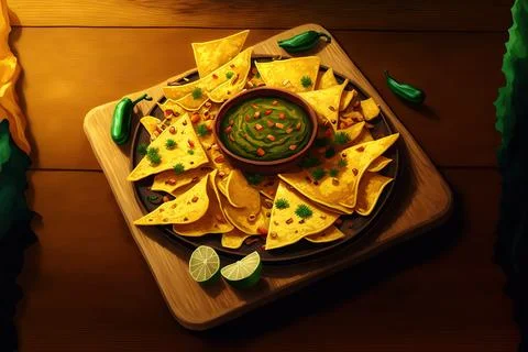 On a wooden table, a platter of yellow corn nacho chips with guacamole, melted Stock Illustration