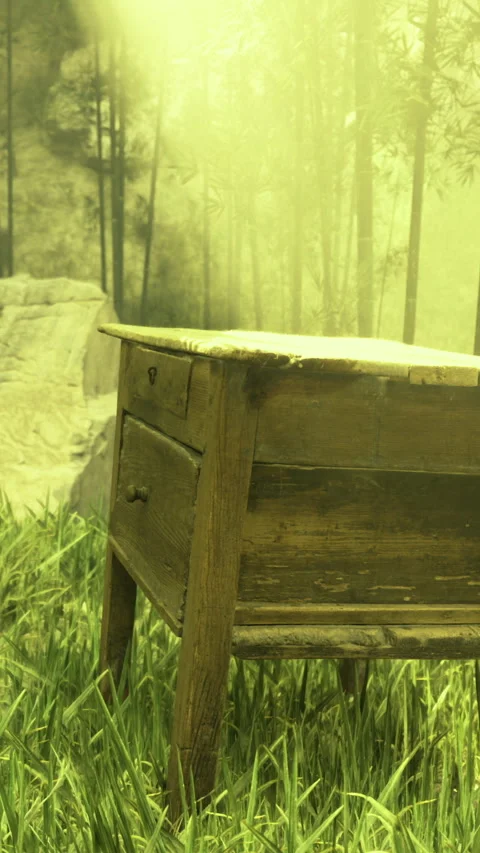 Wooden table in a serene forest clearing surrounded by tall greenery Video stock 312148286