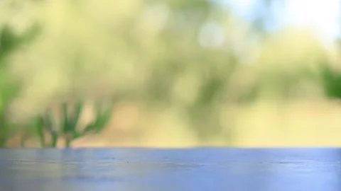 Wooden table with shallow depth of field and blurred green nature background Stock Footage 329819790