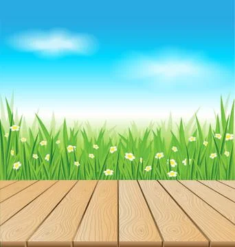 Wooden table on spring meadow Illustrazione stock