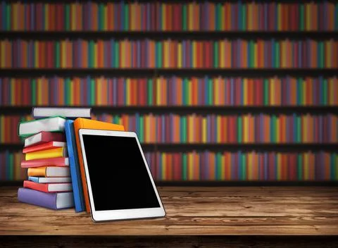 Wooden table with a stack of colored books and tablet. Blurred background. 3d 스톡 일러스트
