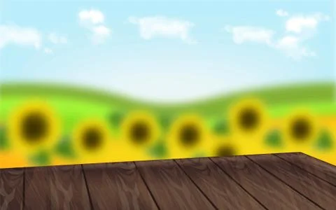 Wooden table with sunflowers background Vector realistic. Summer template lay Stock Illustration