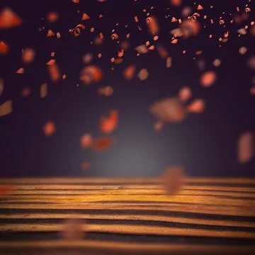 Wooden table surface with falling golden confetti and blurred background. M.. Stock Illustration