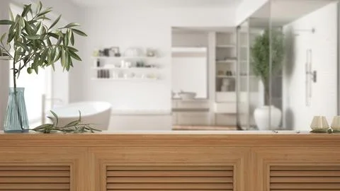 Wooden table top, cabinet, panel or shelf with shutters close up. Olive branc Stock Illustration