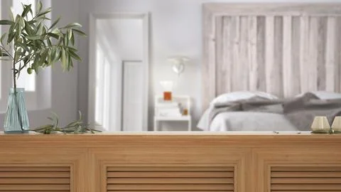 Wooden table top, cabinet, panel or shelf with shutters close up. Olive branc Stock Illustration