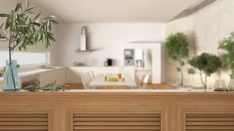 Wooden table top, cabinet, panel or shelf with shutters close up. Olive branc Stock Illustration