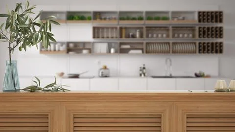 Wooden table top, cabinet, panel or shelf with shutters close up. Olive branc Stock Illustration