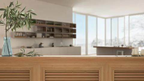 Wooden table top, cabinet, panel or shelf with shutters close up. Olive branc Stock Illustration