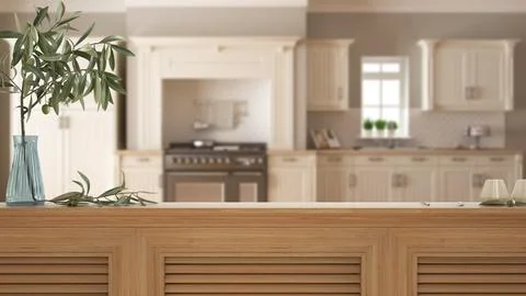 Wooden table top, cabinet, panel or shelf with shutters close up. Olive branc Stock Illustration
