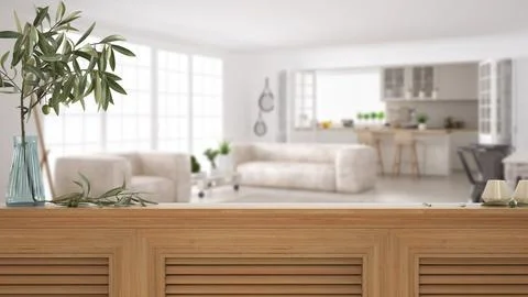 Wooden table top, cabinet, panel or shelf with shutters close up. Olive branc Stock Illustration