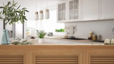 Wooden table top, cabinet, panel or shelf with shutters close up. Olive branc Stock Illustration