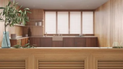 Wooden table top, cabinet, panel or shelf with shutters close up. Olive bra.. Stock Illustration