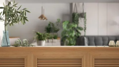 Wooden table top, cabinet, panel or shelf with shutters close up. Olive bra.. Stock Illustration