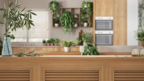 Wooden table top, cabinet, panel or shelf with shutters close up. Olive bra.. Stock Illustration