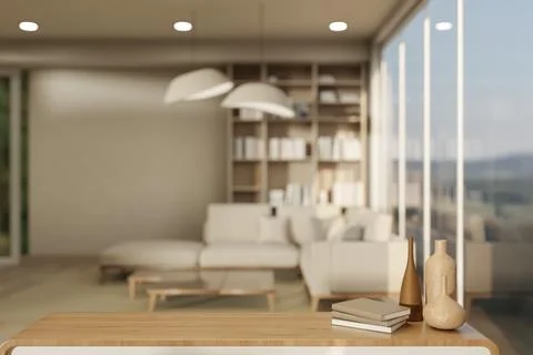 Wooden Table Top Mockup with Ceramic Vases and Books on Blurred Living Room.. 库存插图