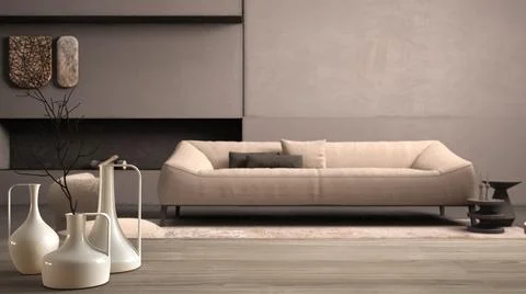 Wooden table top or shelf with minimalistic modern vases over elegant grunge  Ilustração Stock