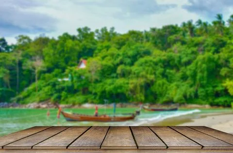 Wooden table tops on the blurry Phuket sea floor.. Stock Photos