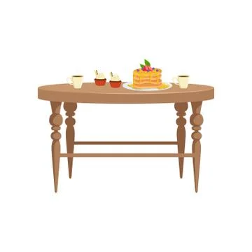 Wooden table with two cups of tea, cupcakes and stack of pancakes with berries Stock Illustration