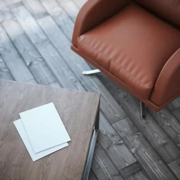 Wooden table with two paper sheets.3d rendering Illustrazione stock