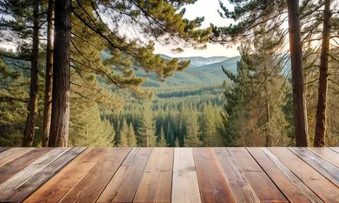 A wooden table with a view of a forest Stock Photos