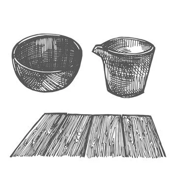 Wooden table on white background with Tea Bowl. Hand-drawn vector illustration Illustrazione stock