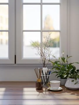 A wooden table by the window in a room features a coffee cup, a reed diffus.. Illustrazione stock