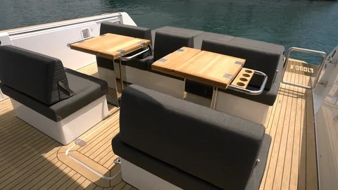 Wooden tables and elegant sofas on a boat. Stock Footage 122982485