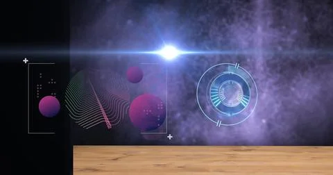 Wooden tabletop spanning nebula in interface, featuring magenta spheres, wavy 스톡 일러스트