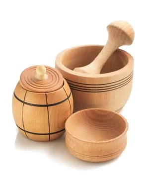 Wooden tableware on white Stock Photos
